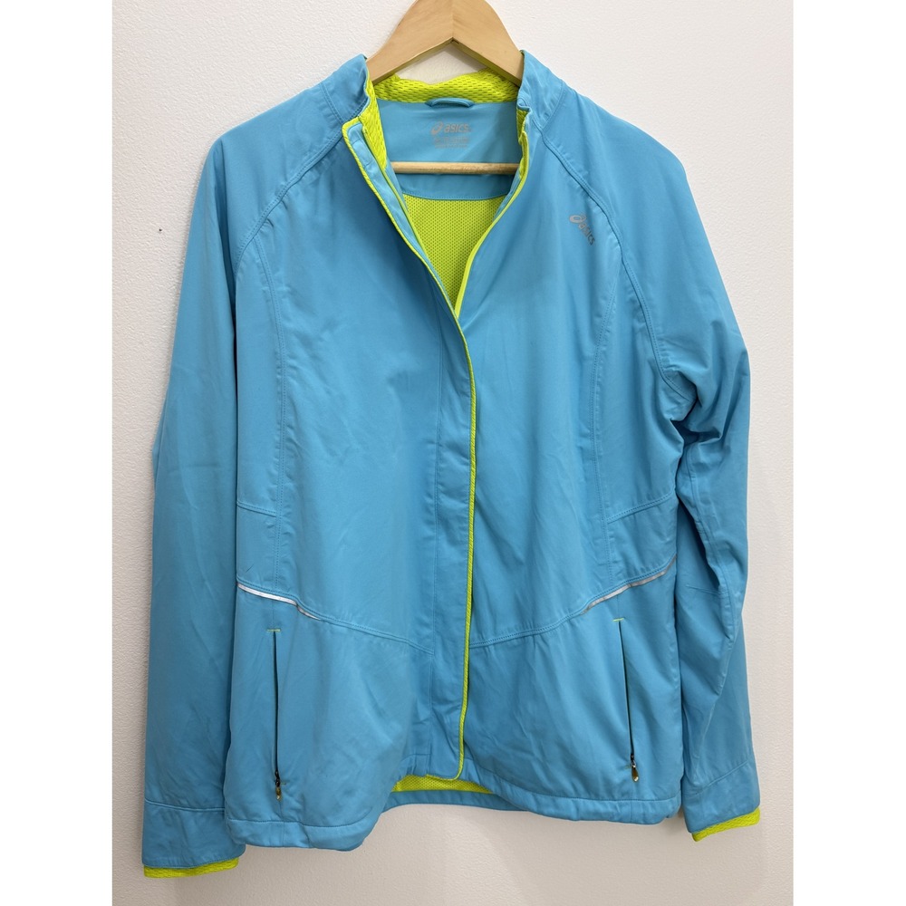 Asics Running Windbreaker Jacket Women XL Blue Full Zip Magnetic Pockets RN66200